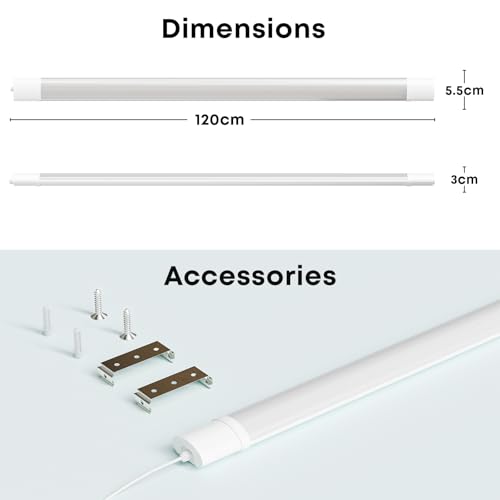 LQWELL LED Feuchtraumleuchte, LED Röhre 120x5.5x3cm IP65 Wasserfest, 24W 2700LM 4000K, Deckenleuchte Lange als Kellerleuchte, Wannenleuchte, Nassraumleuchte, Garagelampe, Werkstattlampe