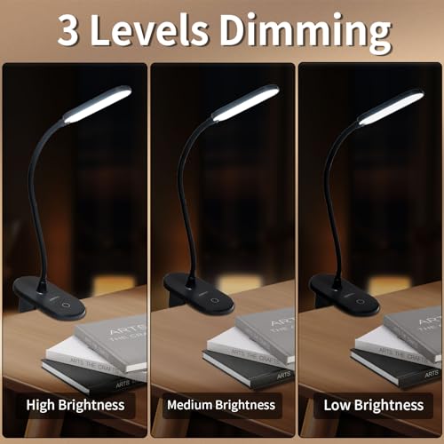 LQWELL® clamp lamp reading lamp bed, battery-operated dimmable clamp light, 3 brightness levels & 360° flexible clamp desk lamp for home office (black)
