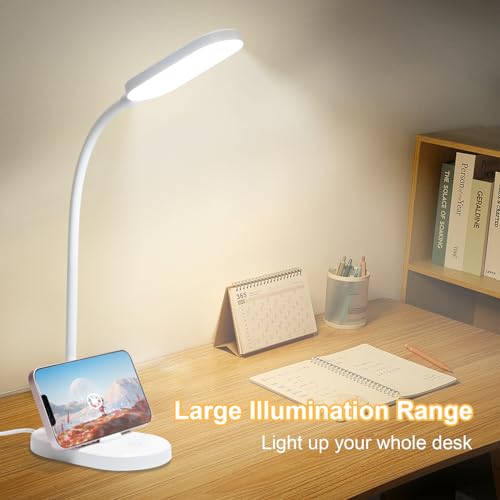 LQWELL® LED Desk Lamp Study Lamp for Home Office, 360° Flexible Touch Control Table Lamp with Phone Holder (White)