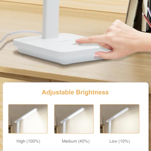 LQWELL® LED Desk Lamp Detachable Study Lamp, 3 Brightness Levels Dimmable Table Lamp for Home Office, 0° to 180° Rotation, 6500K (White)