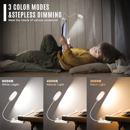 LQWELL®3× Nachttisch-Leselampe, wiederaufladbare USB-Leselampe, 3 Farbtemperaturen, 10 Helligkeitsstufen, stufenlos dimmbar, 360° flexibles Buchlicht für Kinder und Buchliebhaber (Weiß, 3 Stück)