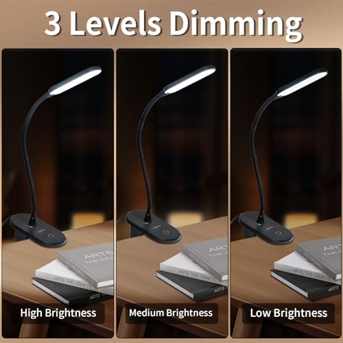 LQWELL® clamp lamp reading lamp bed, dimmable clamp light, 3 brightness levels & 360° flexible clamp desk lamp for home office (black)