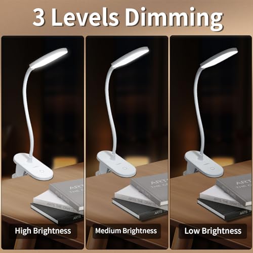 LQWELL® clamp lamp reading lamp bed, battery-operated dimmable clamp light, 3 brightness levels & 360° flexible clamp desk lamp for home office (white)