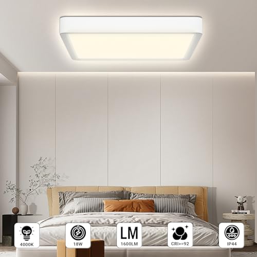 LQWELL® Ceiling Light LED Ceiling Lamp, IP44 Waterproof Bathroom Lamp Square Flat 18W 4000K 1600LM Modern Simple Lamp Thin for Living Room Bathroom Bedroom Kitchen Hallway Basement Office, 220 * 24mm