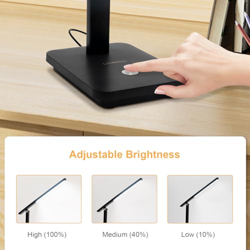 LQWELL® LED Schreibtischlampe Abnehmbare Studienlampe, 3 Helligkeitsstufen Dimmbare Tischleuchte für Heimbüro, 0° bis 180° Drehung, 6500K (Schwarz)