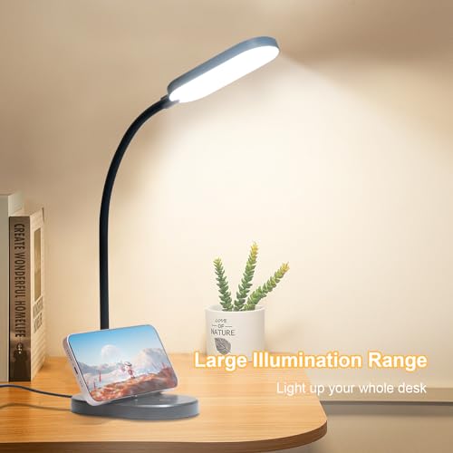 LQWELL® LED Desk Lamp Study Lamp for Home Office, 360° Flexible Touch Control Table Lamp with Phone Holder (Black)