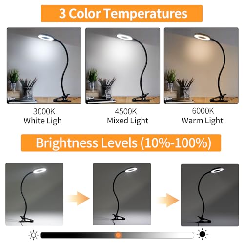 LQWELL® LED Klemmlampe Leselampe Bett mit USB-Anschluss, 3 Farbtemperaturen, 10 Helligkeitsstufen & Stufenloses Dimmen, 360° Flexible Klemme Schreibtischlampe für Heimbüro (Halslänge 70 cm)