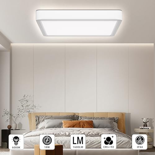LQWELL® Ceiling Light LED Ceiling Lamp, IP44 Waterproof Bathroom Lamp Square Flat 18W 6000K 1600LM Modern Simple Lamp Thin for Living Room Bathroom Bedroom Kitchen Hallway Basement Office, 220 * 24mm