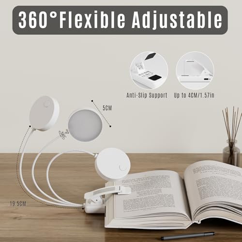 LQWELL®3× Nachttisch-Leselampe, wiederaufladbare USB-Leselampe, 3 Farbtemperaturen, 10 Helligkeitsstufen, stufenlos dimmbar, 360° flexibles Buchlicht für Kinder und Buchliebhaber (Weiß, 3 Stück)