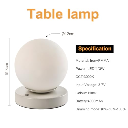 LQWELL® Nachttischlampe Nachttischleuchte, Tischlampe Tischleuchte 3 Dimmstufen USB Wiederaufladbar Touch Beistelltischlampe Leselampe Kugel Glas für Drinnen Schlafzimmer Fensterbank, Weiß