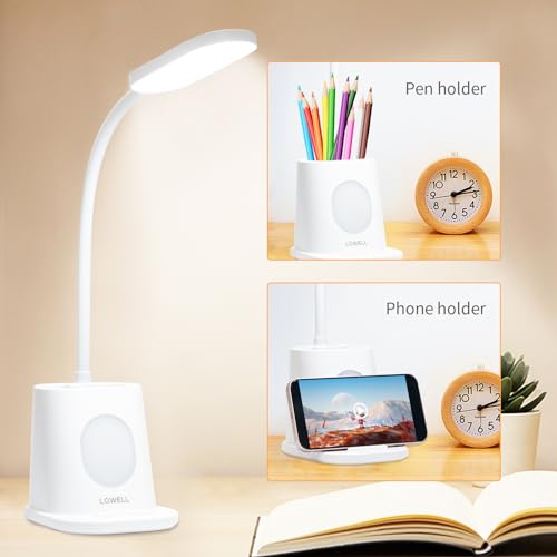LQWELL® 4 in 1 LED Desk Lamp USB Rechargeable for Home Office, 3 Brightness Levels Night Light, 360° Flexible Pen Holder Table Lamp Study Lamp with Phone Holder (White)