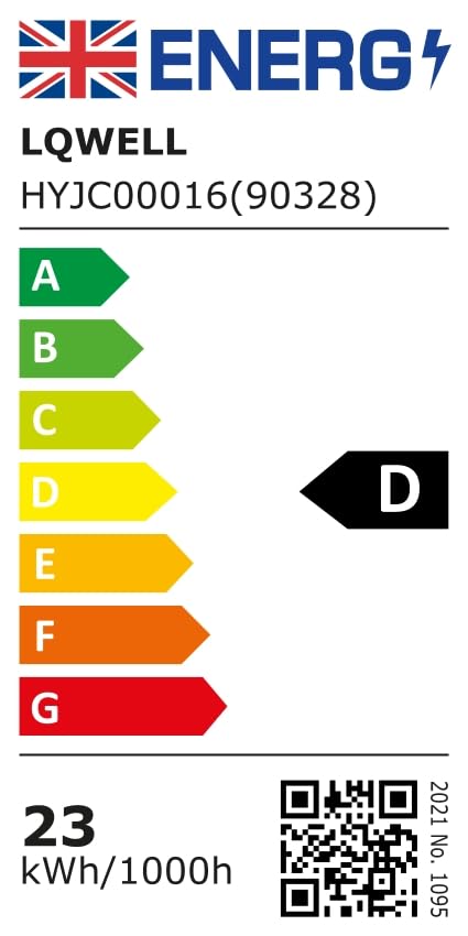 Energielabel LQWELL LED-Deckenleuchte, Energieklasse D, mit QR-Code.