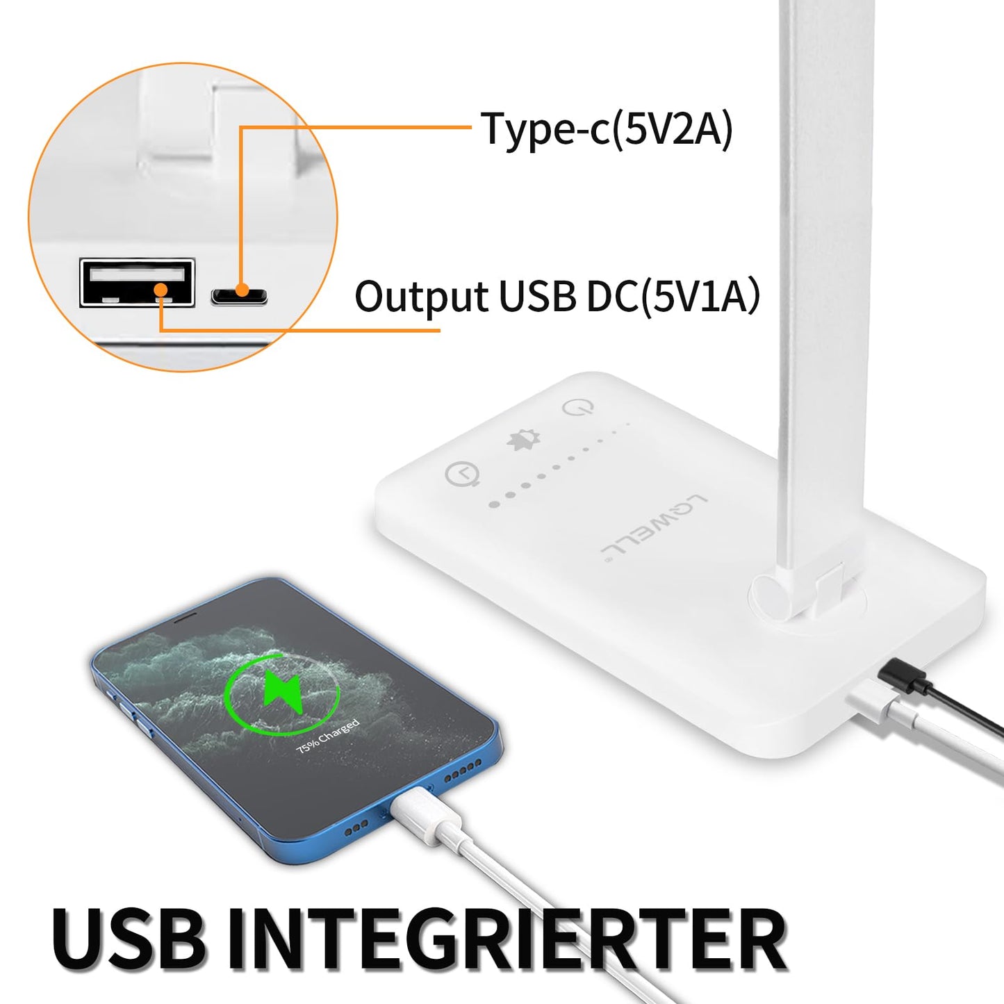 LQWELL® LED Schreibtischlampe Dimmbar Metallmaterial, 5 Farben und 10 Helligkeitsstufen, Augenfreundliche Nachttischlampe mit USB-Aufladung, Touch-Steuerung und Memory-Funktion für Kinder, Büro