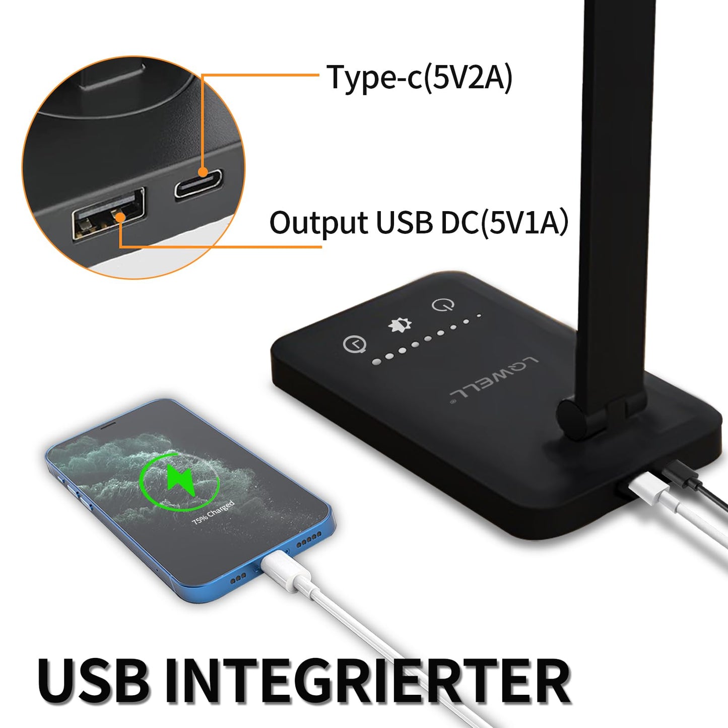 LQWELL® LED Schreibtischlampe Dimmbar Metallmaterial, 5 Farben und 10 Helligkeitsstufen, Augenfreundliche Nachttischlampe mit USB-Aufladung, Touch-Steuerung und Memory-Funktion für Kinder, Büro