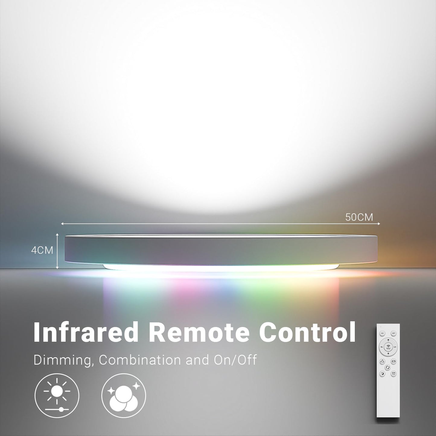 LQWELL® LED Deckenleuchte Dimmbar mit Fernbedienung, 40W 4300LM 3000-6500K RGB LED Deckenlampe, Runde Flache Deckenbeleuchtung IP44 für Wohnzimmer Schlafzimmer Esszimmer Balkon Korridor, 500 * 40mm