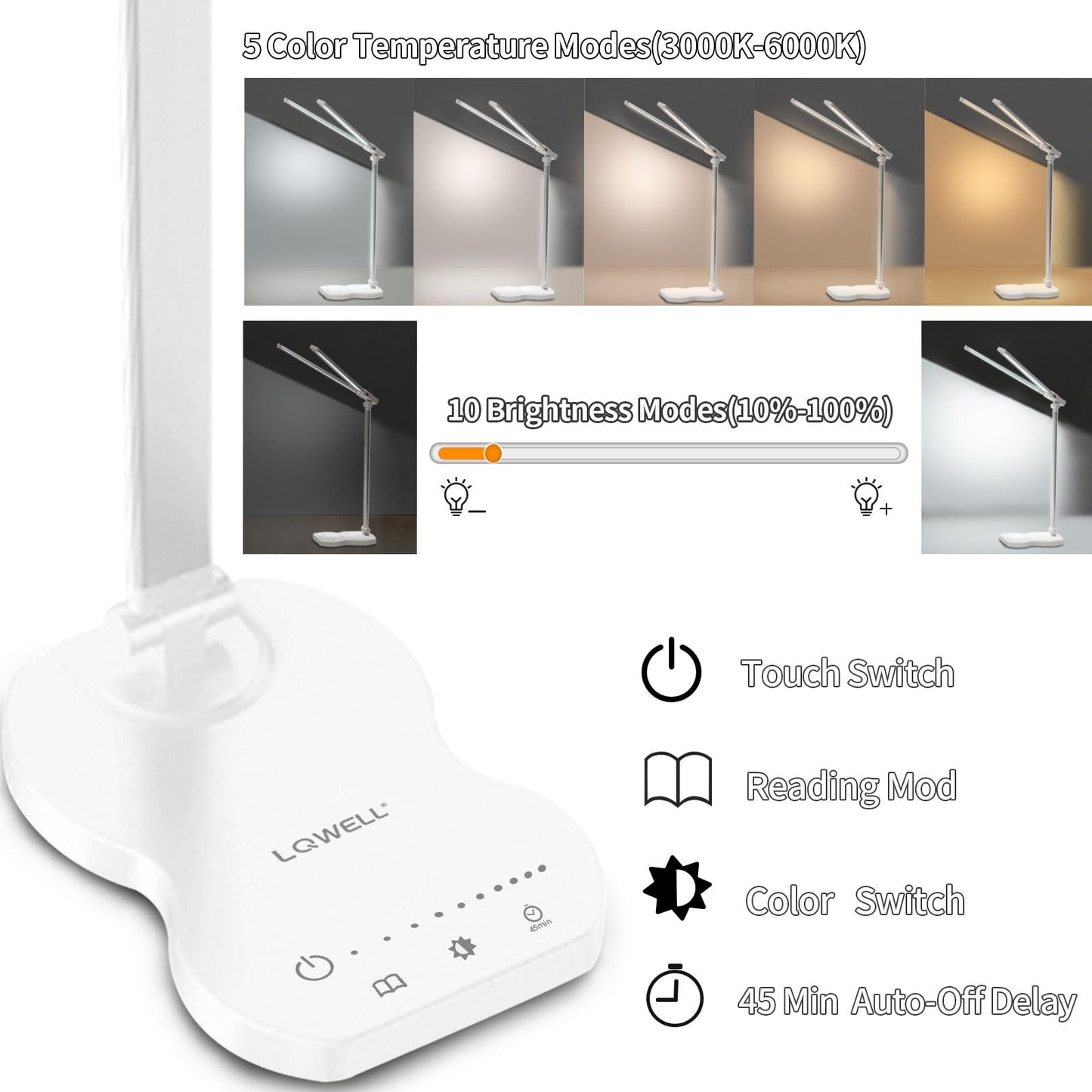 LQWELL® Doppelkopf-Schreibtischlampe LED Dimmbar, Doppelschwingarm-LED-Tischlampe 5 Farben und 10 Helligkeitsstufen Augenfreundliche Leselampe mit USB-Aufladung Touch-Steuerung & Memory Timer