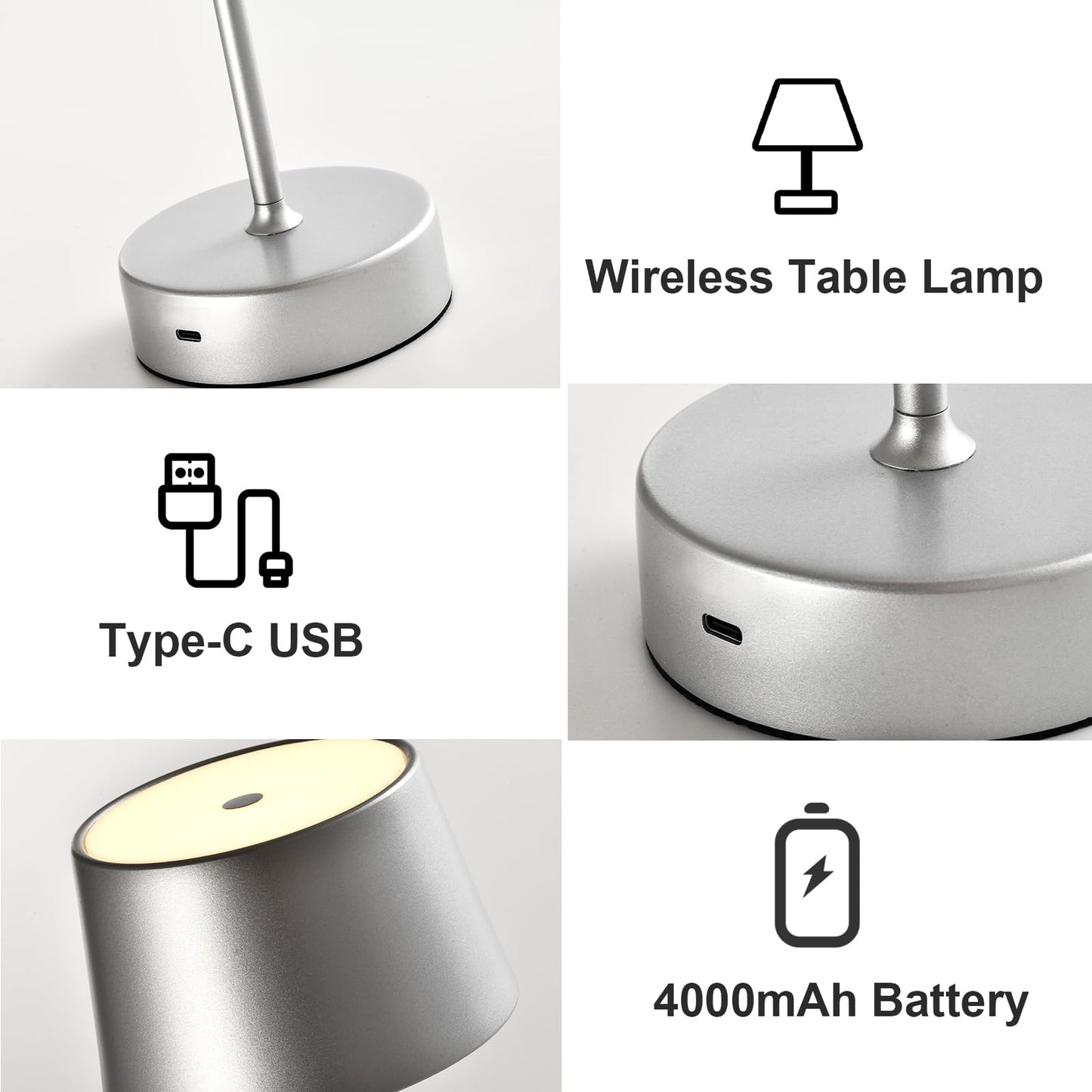 LQWELL® LED Tischlampe Kabellos Akku, Touch Tischleuchte Typ C USB Wiederaufladbar Nachttischlampe Lichtintensität einstellbar für Drinnen Wohnzimmer Schlafzimmer Abendessen Hotel Bar Restaurant