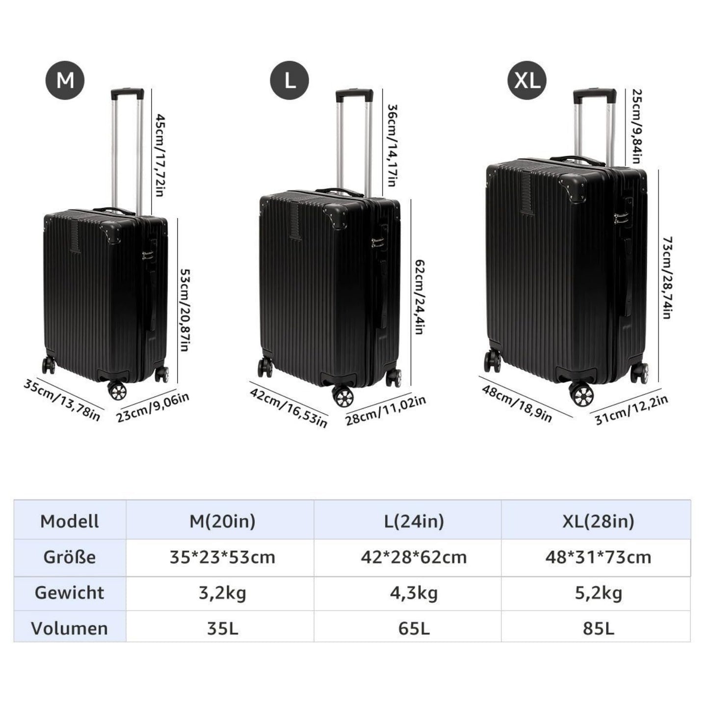 yonsly® Hartschalen Koffer Suitcase, Trolley Reisekoffer, Rollkoffer Handgepäck mit 4 Rollen, Passwortsperre, Teleskopgriff, XL(28″), Silber
