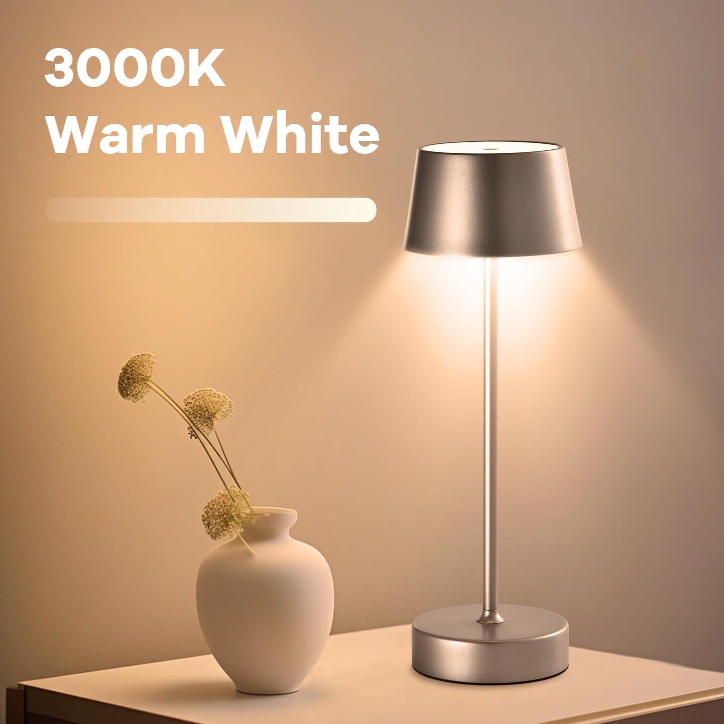 LQWELL® LED Tischlampe Kabellos Akku, Touch Tischleuchte Typ C USB Wiederaufladbar Nachttischlampe Lichtintensität einstellbar für Drinnen Wohnzimmer Schlafzimmer Abendessen Hotel Bar Restaurant