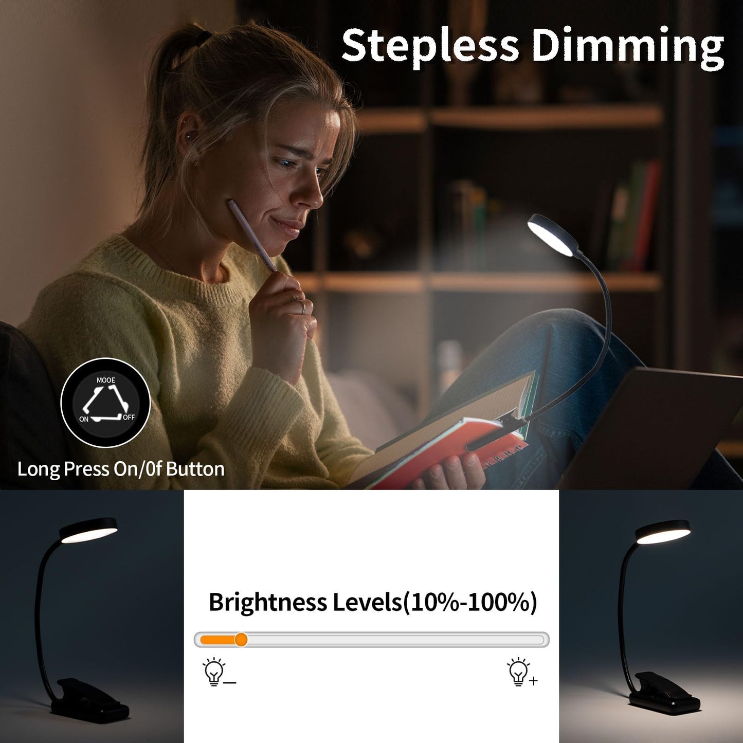 LQWELL® Nachttisch-Leselampe, wiederaufladbare USB-Leselampe, 3 Farbtemperaturen, 10 Helligkeitsstufen, stufenlos dimmbar, 360° flexibles Buchlicht für Kinder und Buchliebhaber (Schwarz, 1 Stück)