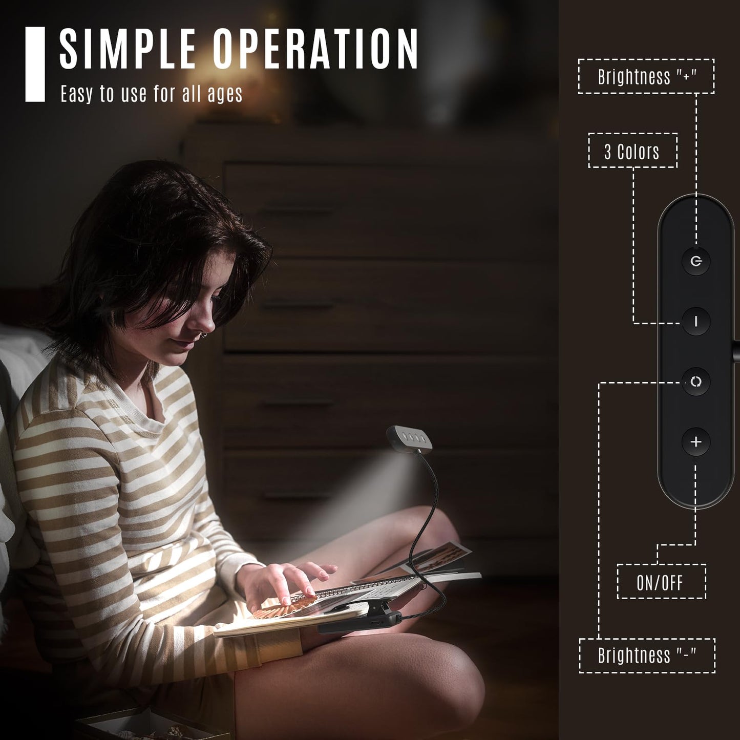 LQWELL®3× Nachttisch-Leselampe, wiederaufladbare USB-Leselampe, 3 Farbtemperaturen, 10 Helligkeitsstufen, stufenlos dimmbar, 360° flexibles Buchlicht für Kinder und Buchliebhaber (Schwarz, 3 Stück)