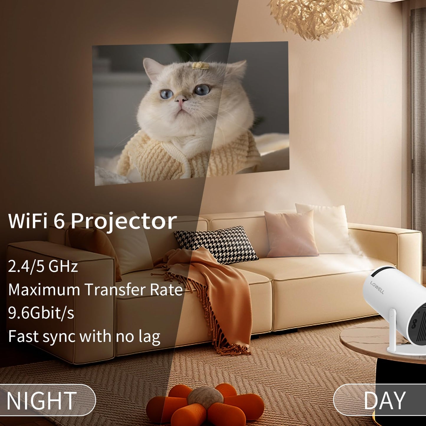 LQWELL HY300 PRO Mini Beamer + Solar Lichterkette Kombination, 4K 1080P Unterstützung, Android 11, kabellose Projektion, unterstützt Airplay Miracast, mit WiFi Bluetooth, tragbarer Projektor