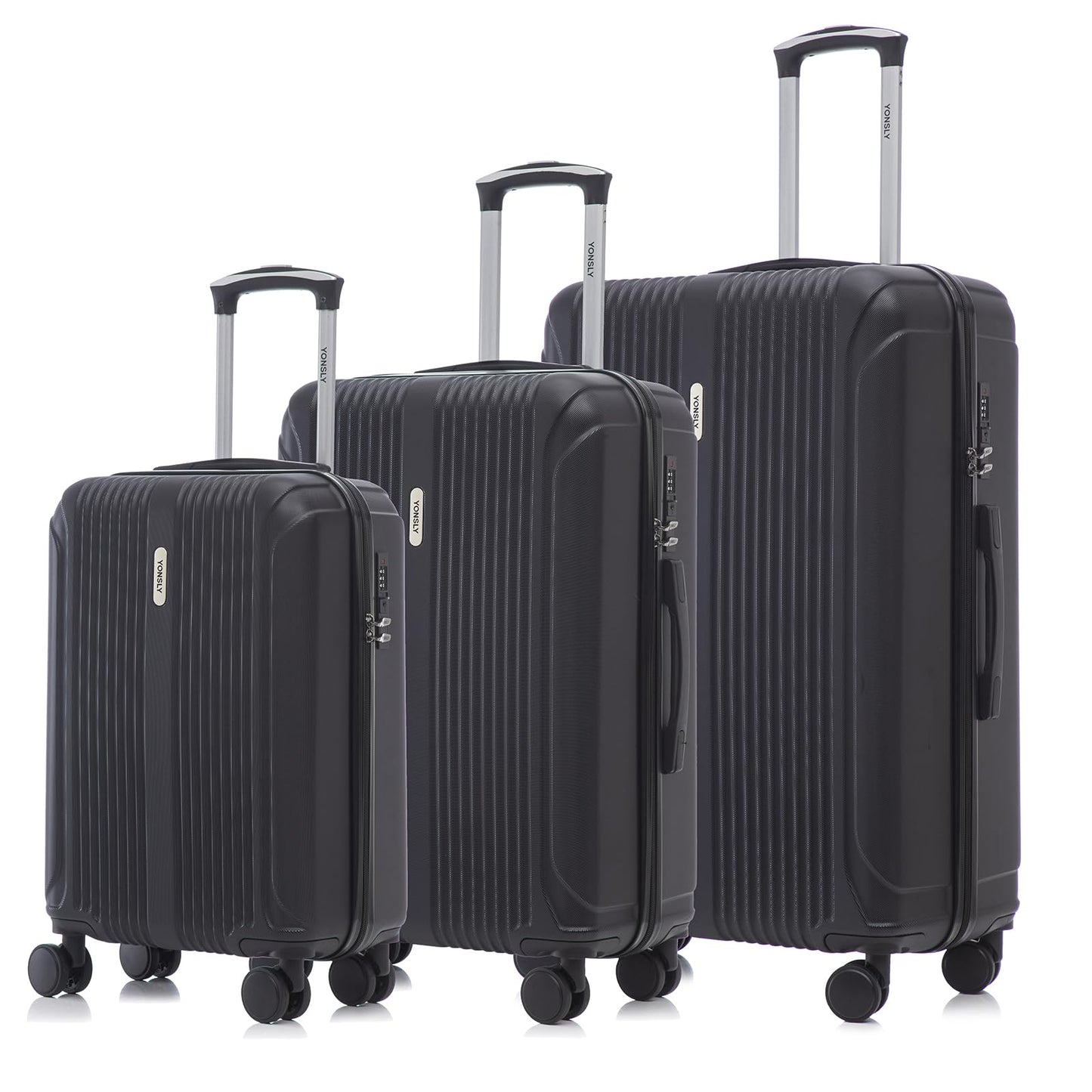 yonsly Koffer Trolley Reisekoffer Suitcase Set, Rollkoffer Handgepäck, Kofferset, Gepäckset mit 4 Rollen 360°, ABS Hartschalen, Zahlenschloss, Weicher Gummigriff (3er Set, M,L&XL, Schwarz)