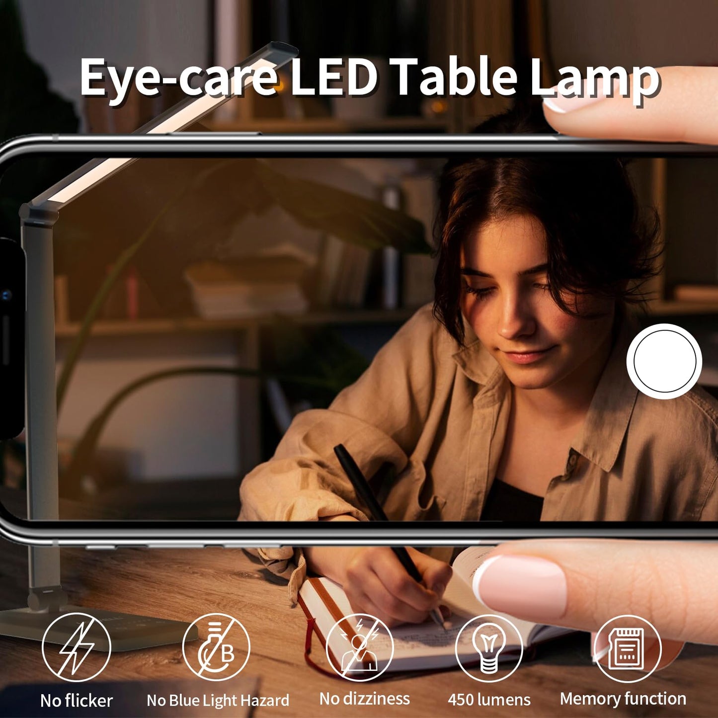 LQWELL® LED Schreibtischlampe Dimmbar Metallmaterial, 5 Farben und 10 Helligkeitsstufen, Augenfreundliche Nachttischlampe mit USB-Aufladung, Touch-Steuerung und Memory-Funktion für Kinder, Büro