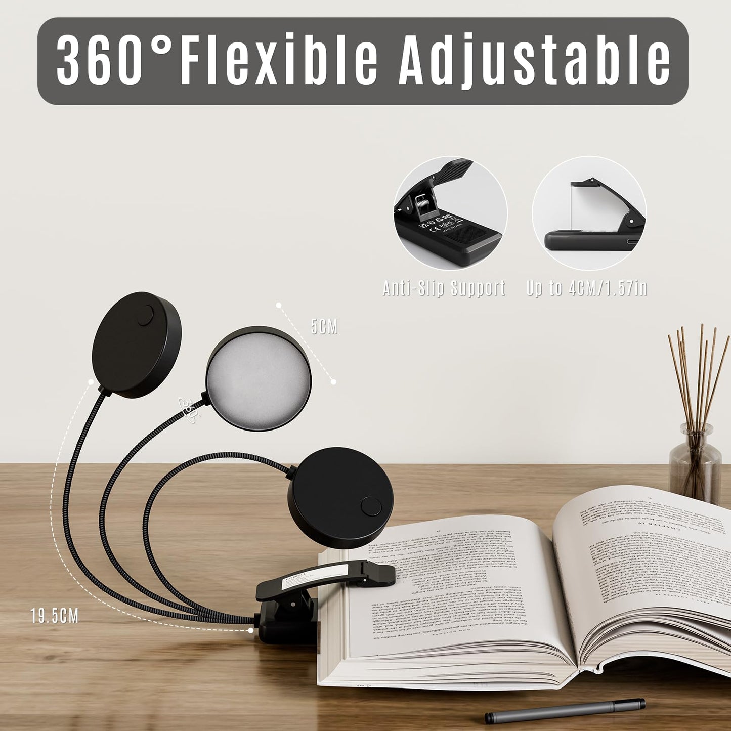 LQWELL®2× Nachttisch-Leselampe, wiederaufladbare USB-Leselampe, 3 Farbtemperaturen, 10 Helligkeitsstufen, stufenlos dimmbar, 360° flexibles Buchlicht für Kinder und Buchliebhaber (Schwarz, 2 Stück)