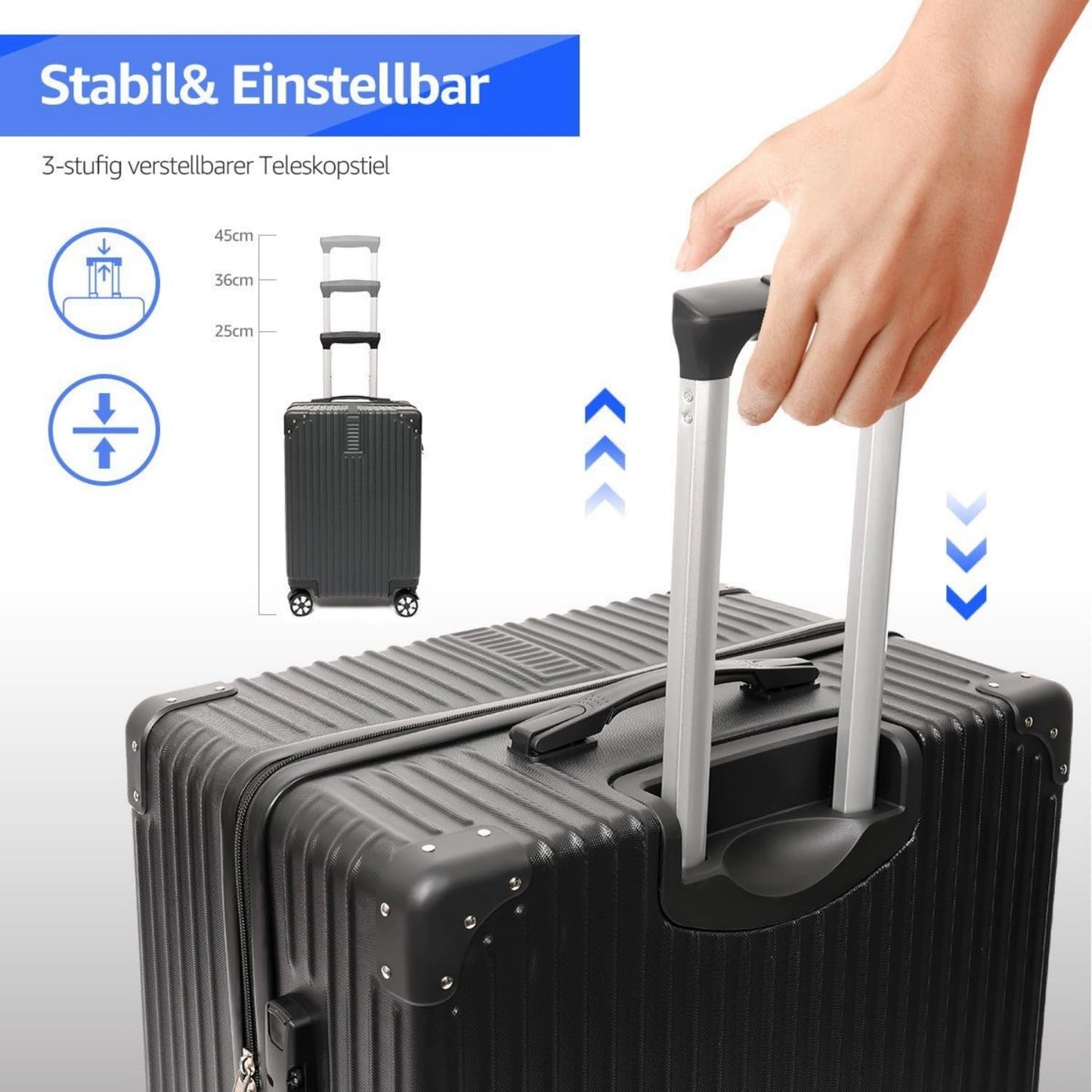 yonsly® Hartschalen Koffer Suitcase, Trolley Reisekoffer, Rollkoffer Handgepäck mit 4 Rollen, Passwortsperre, Teleskopgriff, XL(28″), Silber