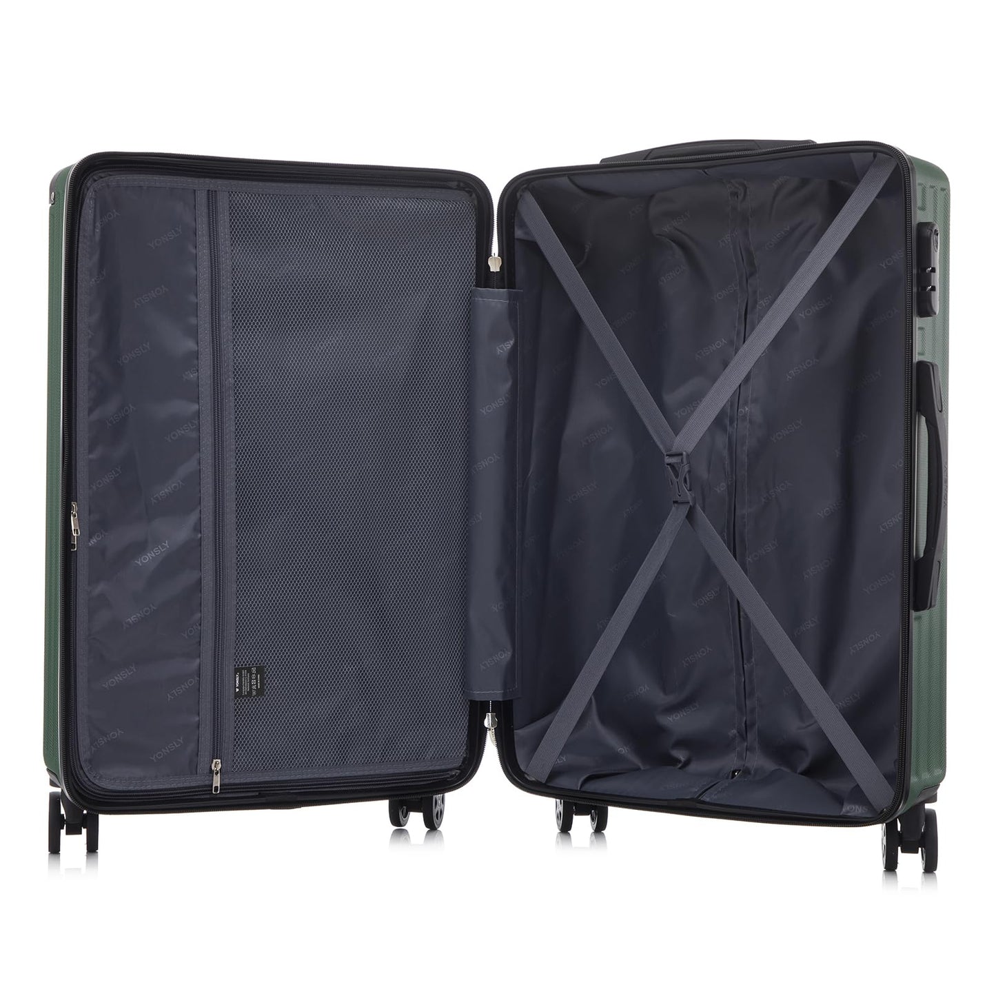 yonsly Trolley Reisekoffer Suitcase, Rollkoffer Handgepäck ABS Hartschalen mit 4 Rollen 360°, Sicherheitsschloss, Weicher Gummigriff, 210D-Futter (L, Dunkelgrün)
