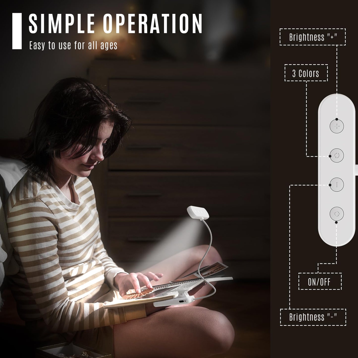 LQWELL®3× Nachttisch-Leselampe, wiederaufladbare USB-Leselampe, 3 Farbtemperaturen, 10 Helligkeitsstufen, stufenlos dimmbar, 360° flexibles Buchlicht für Kinder und Buchliebhaber (Weiß, 3 Stück)