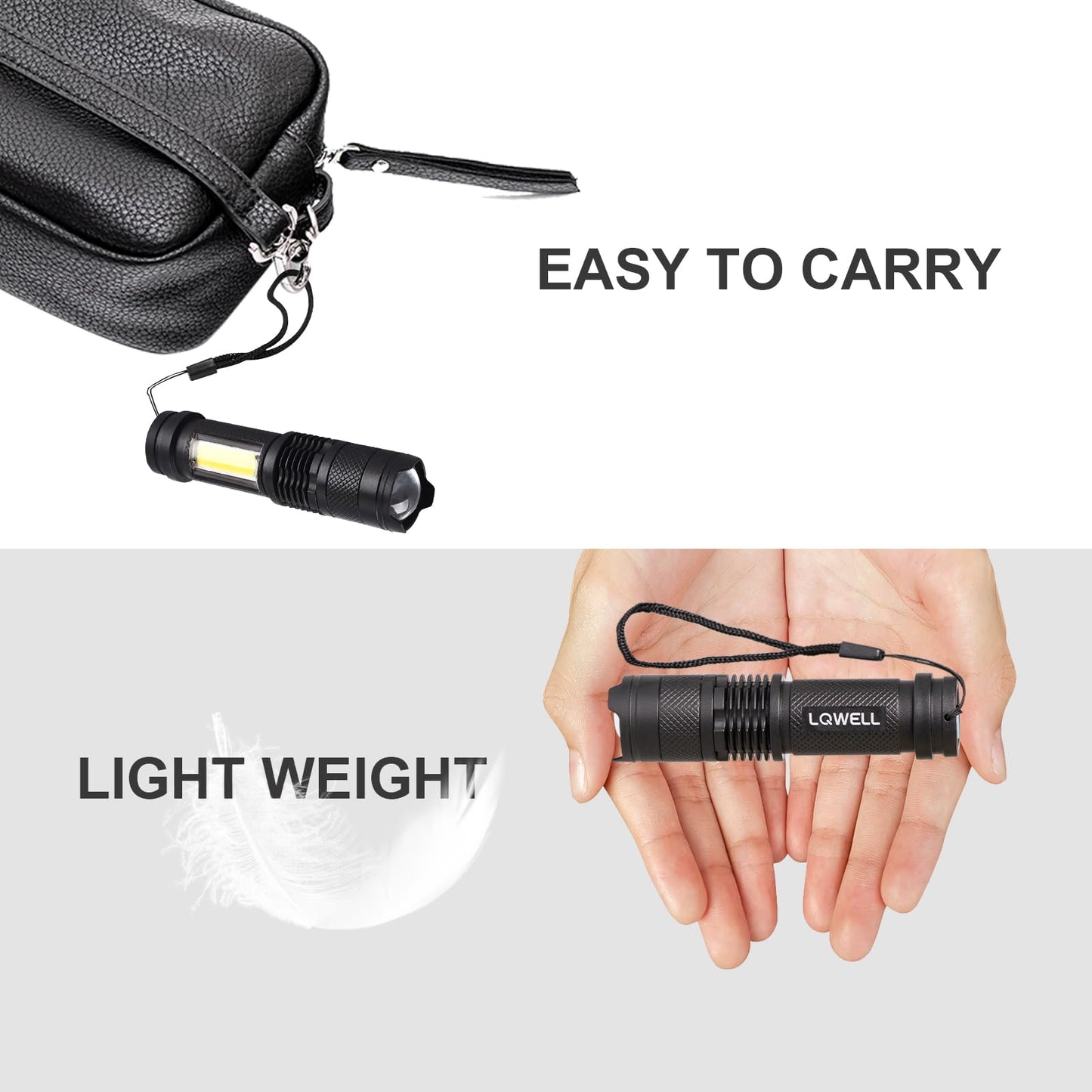 LQWELL® Mini Taschenlampe LED USB C Aufladbar, Zoombares Taschenlampen Klein mit 3 Lichtmodi, Tragbare Hand Flashlight für Camping, Wandern, Notfäll, Laufen, Radfahren, Nachtlesen