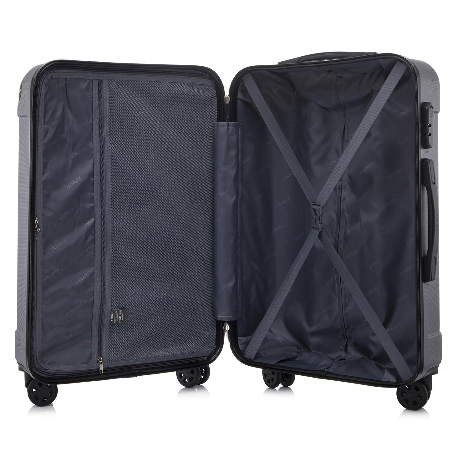 yonsly Koffer Suitcase XL Grau, Trolley Reisekoffer, Rollkoffer Handgepäck mit 4 Rollen 360°, ABS Hartschalen, Sicherheitsschloss, Weicher Gummigriff, 210D-Futter