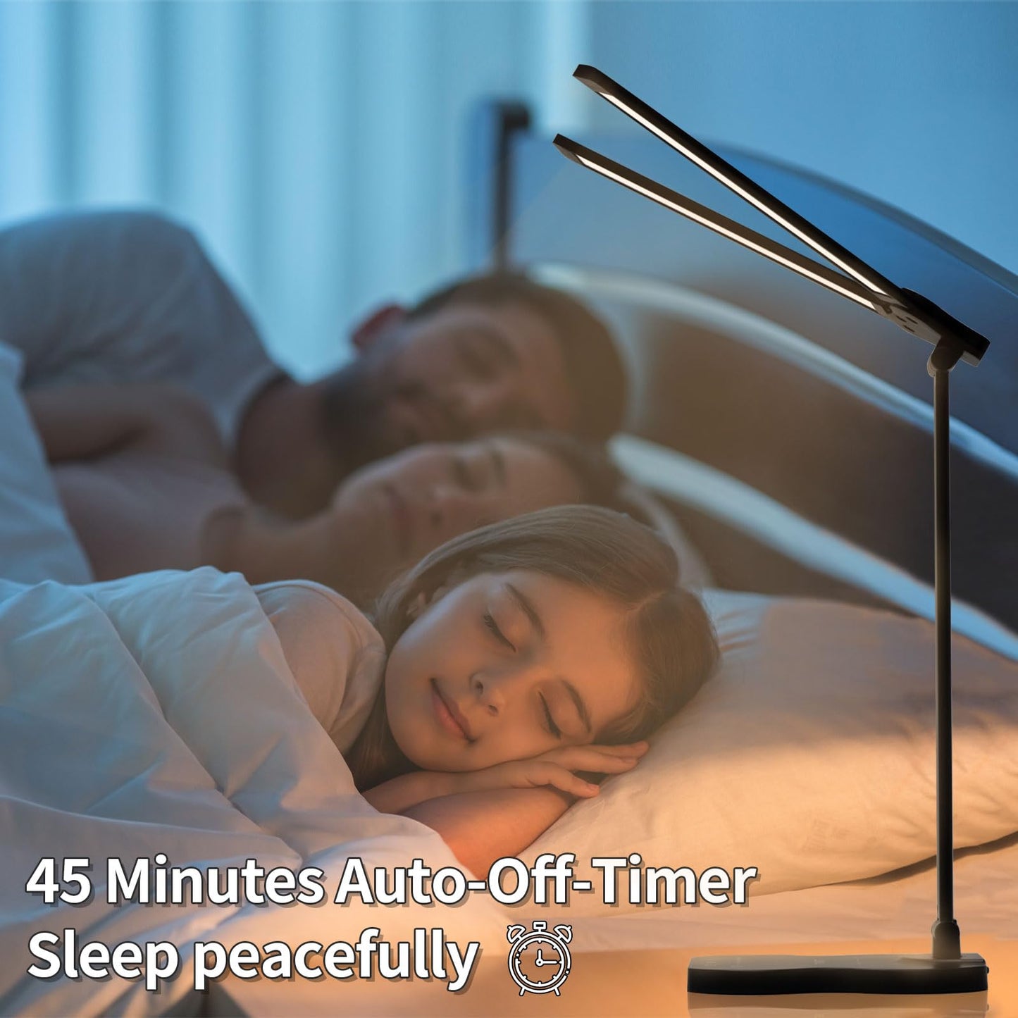 LQWELL® Doppelkopf-Schreibtischlampe LED Dimmbar, Doppelschwingarm-LED-Tischlampe 5 Farben und 10 Helligkeitsstufen Augenfreundliche Leselampe mit USB-Aufladung Touch-Steuerung & Memory Timer