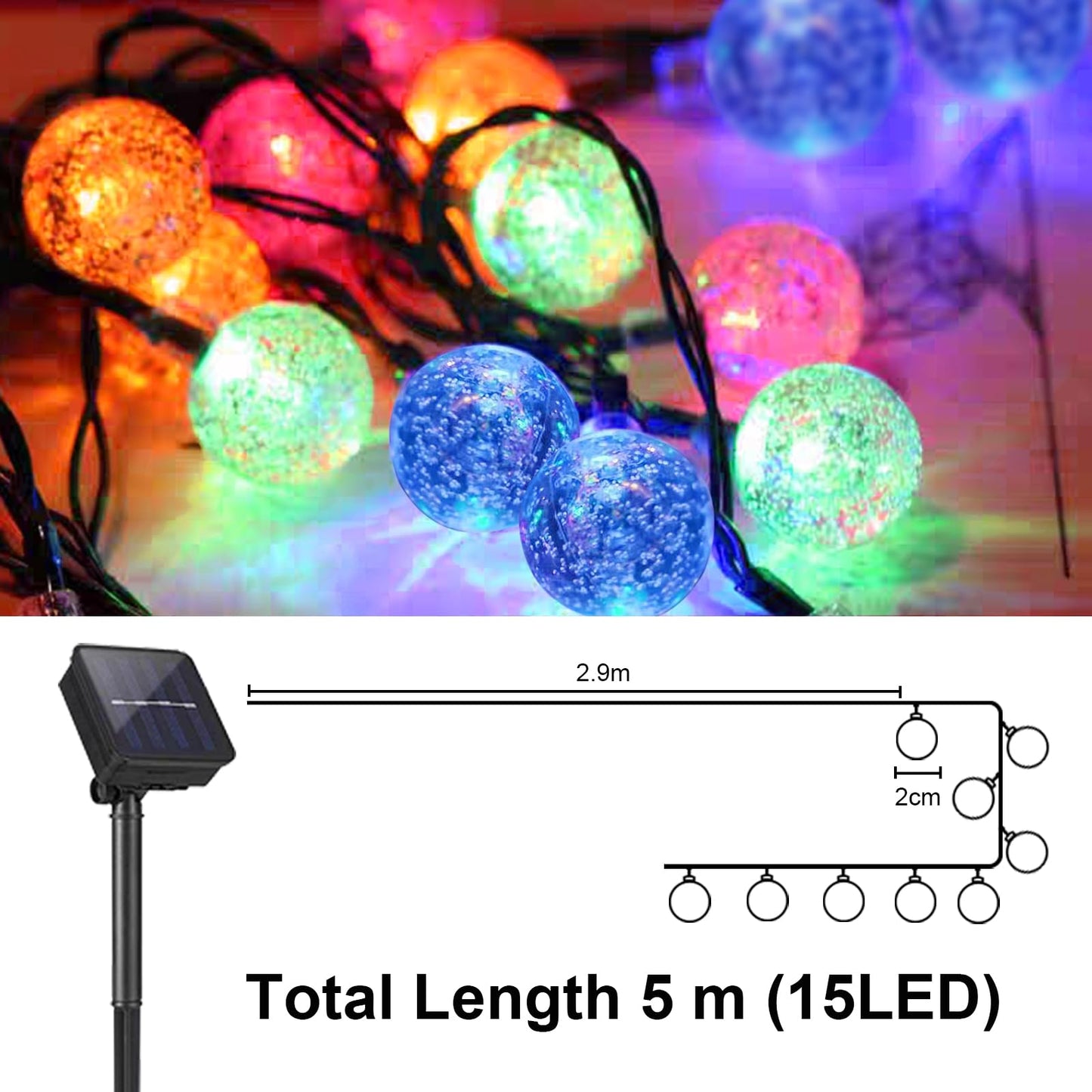 LQWELL® Solar Lichterkette Aussen 5M 15LED 8 Modi für Innen und Aussen Kettenlicht Kristall Kugeln IP44 Wasserdicht Garten Terrasse Balkon Hochzeit Party Fenster (Bunt)