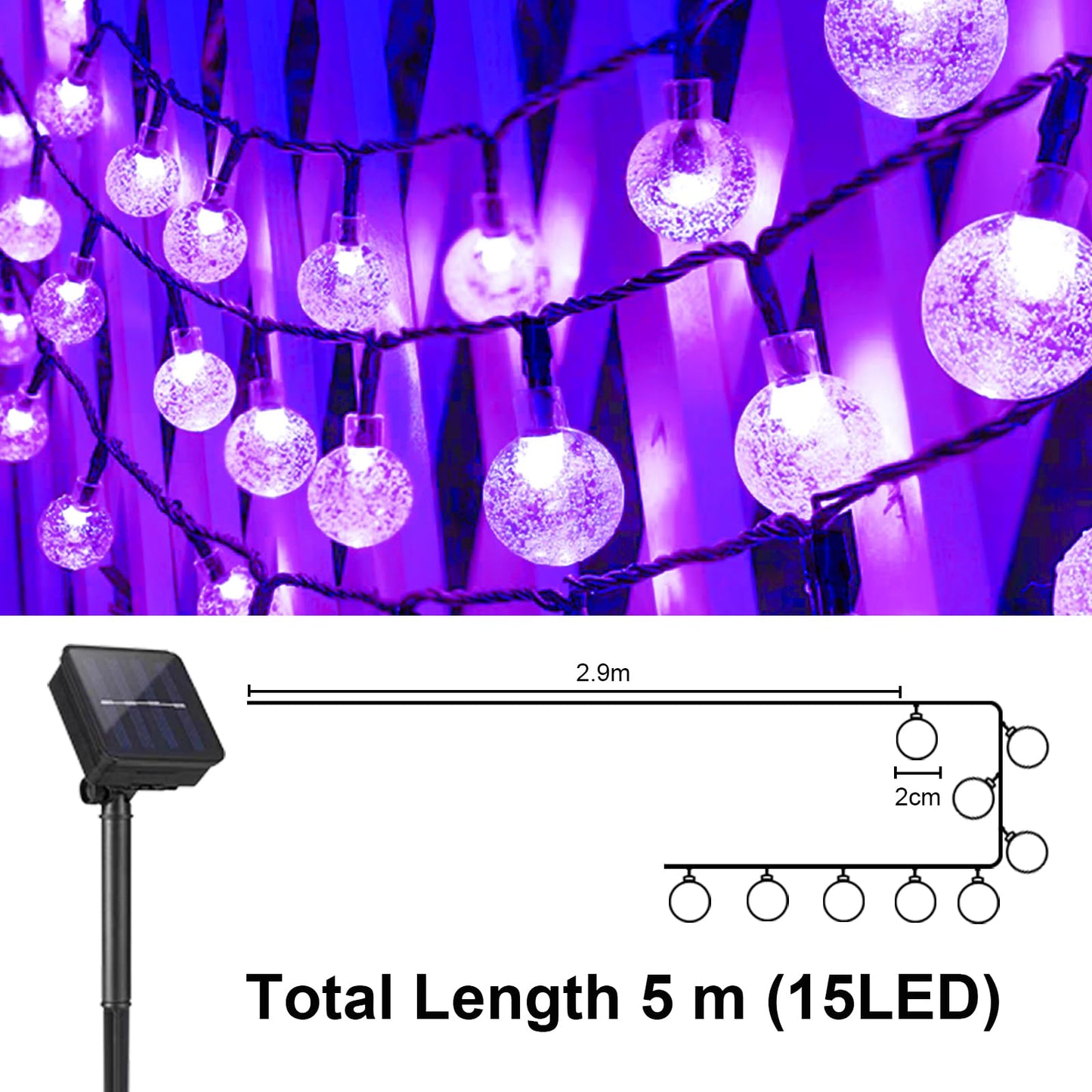 LQWELL® Solar Lichterkette Aussen 5M 15LED 8 Modi für Innen und Aussen Kettenlicht Kristall Kugeln IP44 Wasserdicht Garten Terrasse Balkon Hochzeit Party Fenster (Lila)
