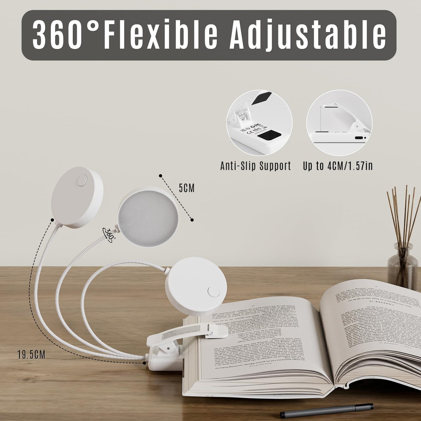 LQWELL® 1x Leselampe Buch Klemme im Bett, USB Wiederaufladbare Leselicht mit 3 Farbtemperaturen, 10 Helligkeitsstufen & Stufenloses Dimmen, 360° Flexibel Buchlampe für Kinder, Buchliebhaber, Weiss