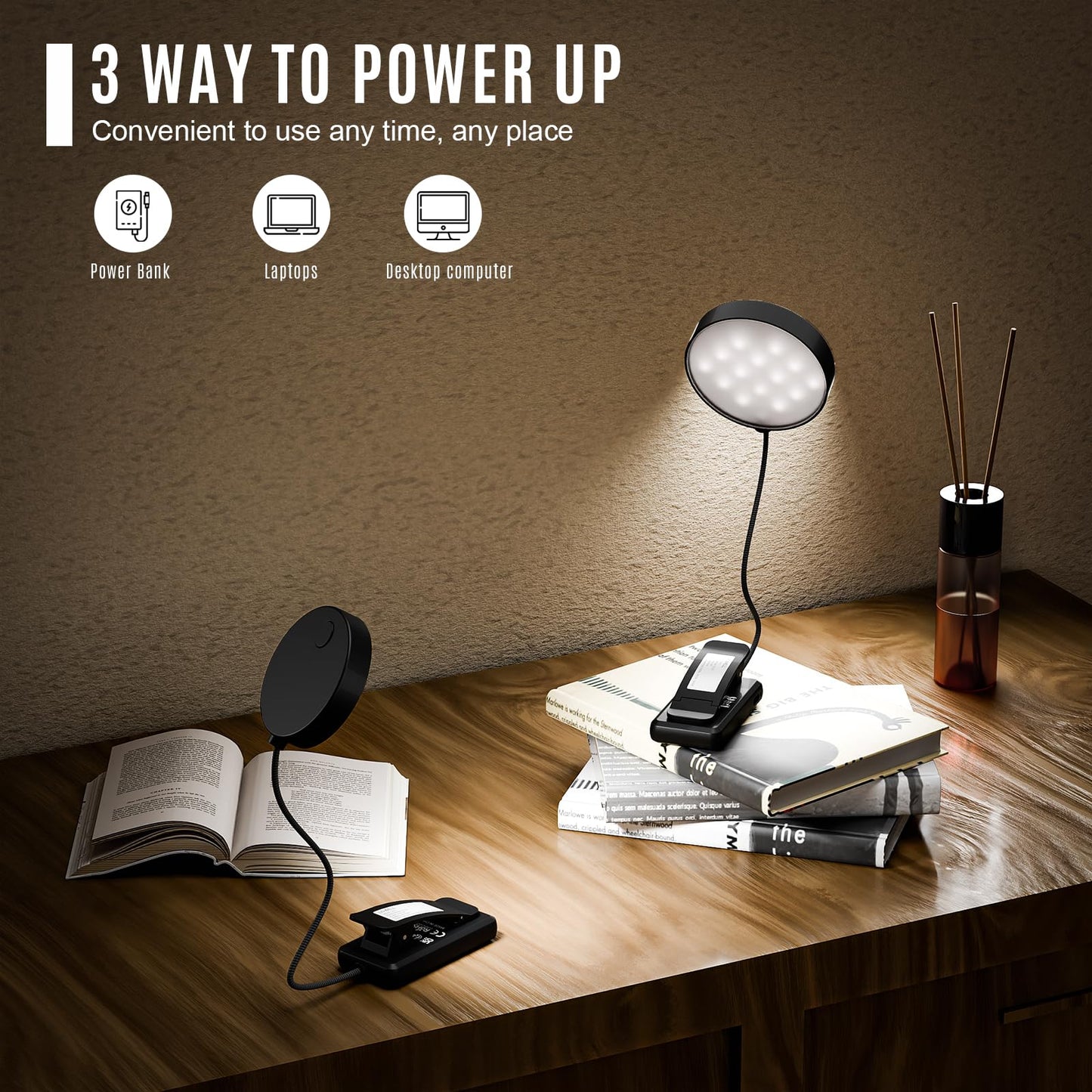 LQWELL®3× Nachttisch-Leselampe, wiederaufladbare USB-Leselampe, 3 Farbtemperaturen, 10 Helligkeitsstufen, stufenlos dimmbar, 360° flexibles Buchlicht für Kinder und Buchliebhaber (Schwarz, 3 Stück)
