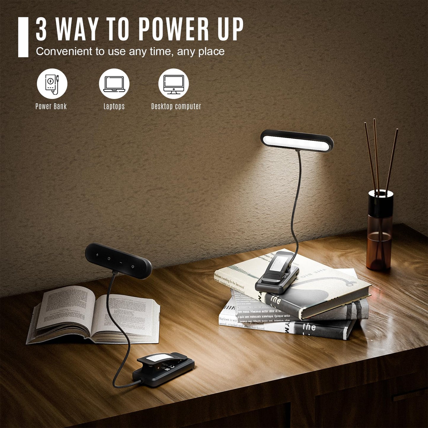 LQWELL®3× Nachttisch-Leselampe, wiederaufladbare USB-Leselampe, 3 Farbtemperaturen, 10 Helligkeitsstufen, stufenlos dimmbar, 360° flexibles Buchlicht für Kinder und Buchliebhaber (Schwarz, 3 Stück)