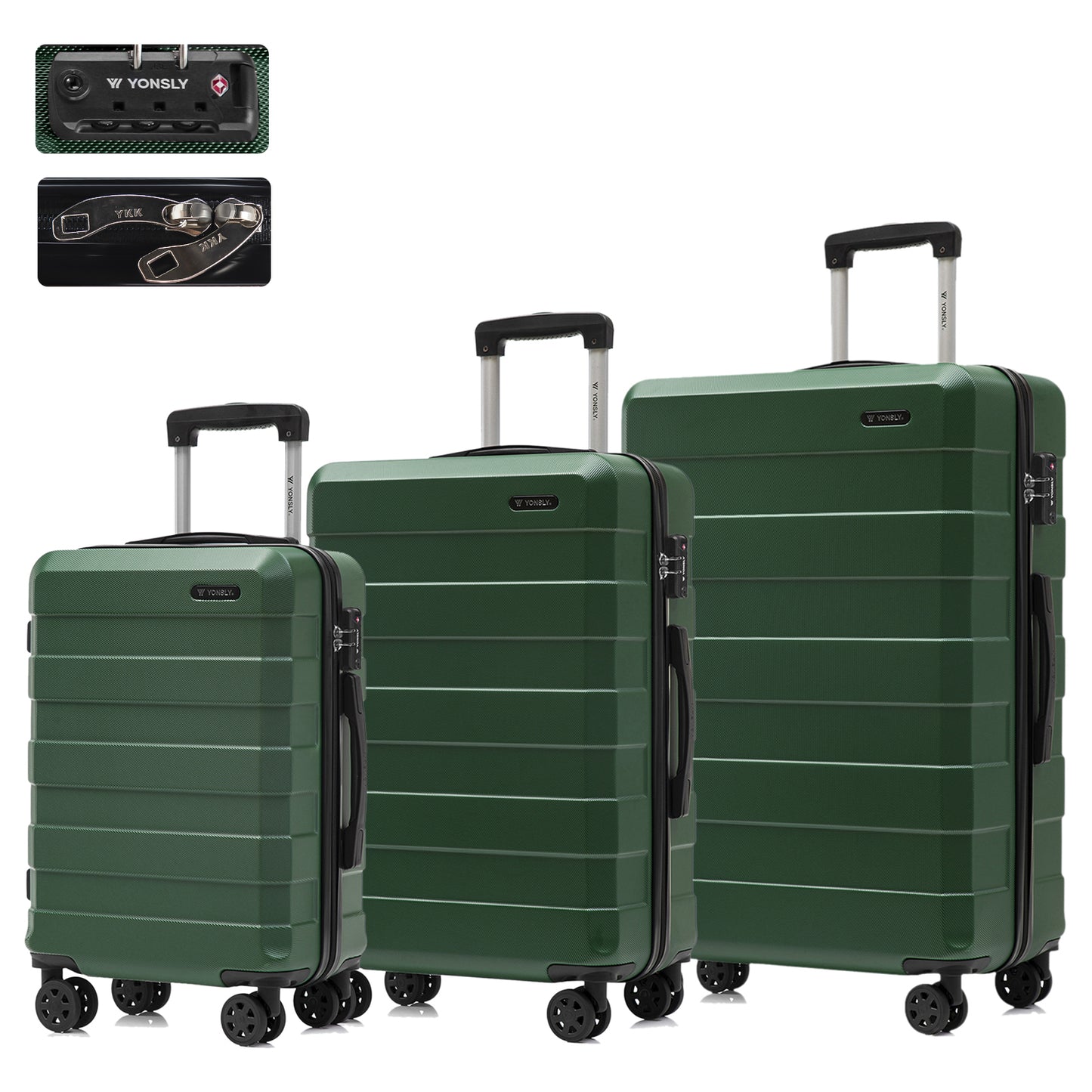 YONSLY® Premium Luggage TSA Lock, YKK Zipper Hardshell Suitcase Trolley Carry-on Spinner Luggage with 4 Wheels (M-L-XL Set)