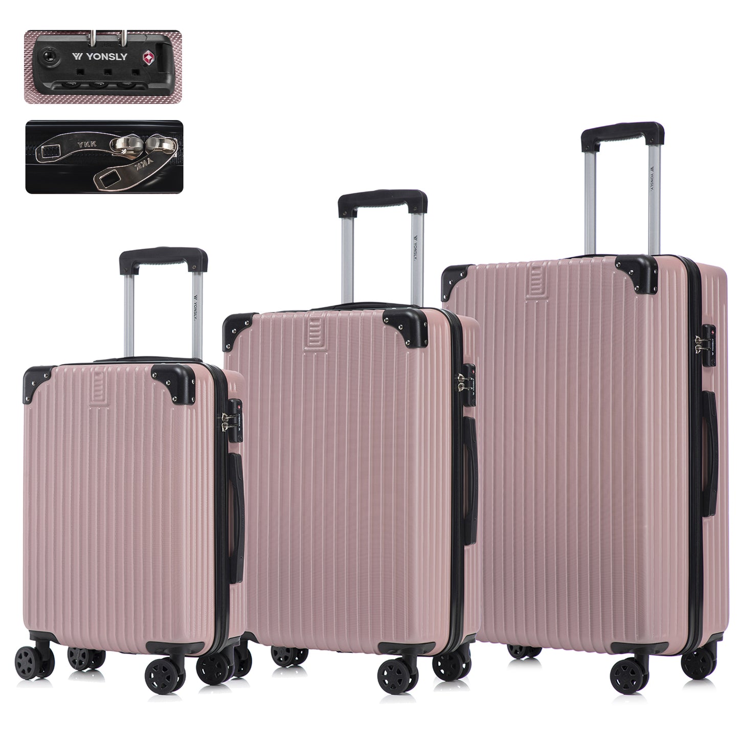 YONSLY® Premium Luggage TSA Lock, YKK Zipper Hardshell Suitcase Trolley Cabin Luggage Spinner Suitcase Carry-on 4 Wheels (M-L-XL-Set)