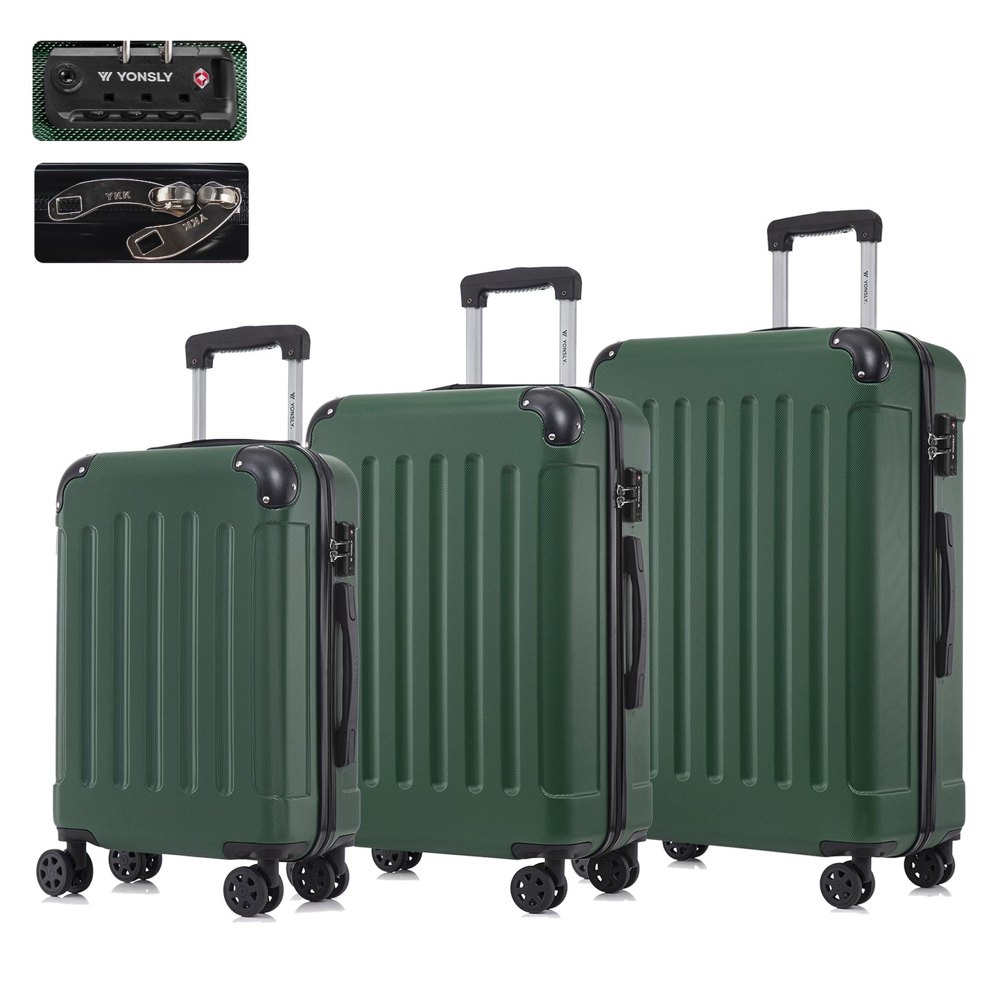 YONSLY® Premium Luggage TSA Lock, YKK Zipper Hardside Suitcase Trolley Cabin Suitcase Rolling Suitcase Hand Luggage 4 Wheels (M-L-XL-Set)