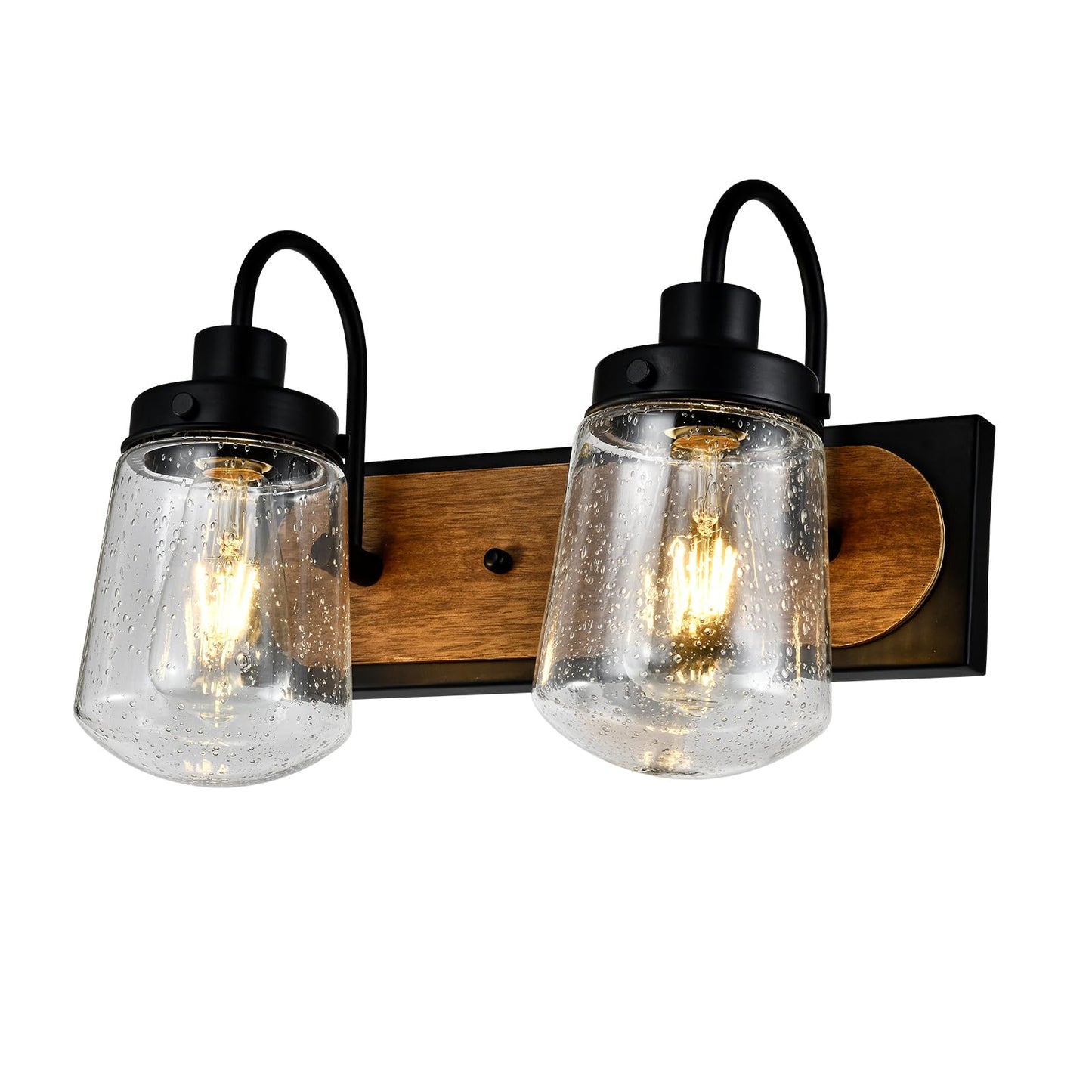 LQWELL® Wall Light E27, Indoor Wall Lamp 2-Bulb Retro Iron Wood Wall Lighting Wall Spot for Bedroom Living Room Studio Hotel Staircase, Matte Black, Bulb Not Included