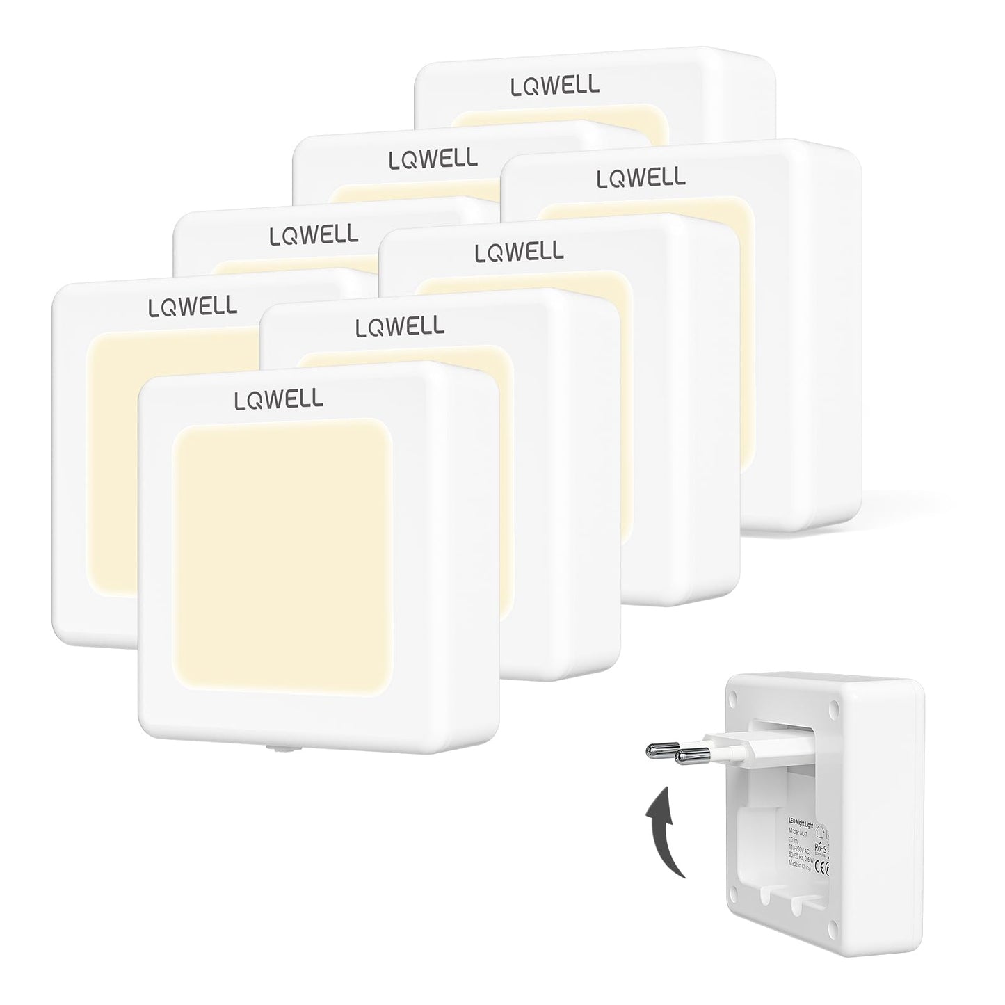 LQWELL® Foldable Outlet Night Light with Dusk Sensor, Night Lamp Adjustable Brightness, Automatic Outlet Light, Warm White Orientation Light for Kids' Room, Hallway, Stairs, White, 4/8 PCS