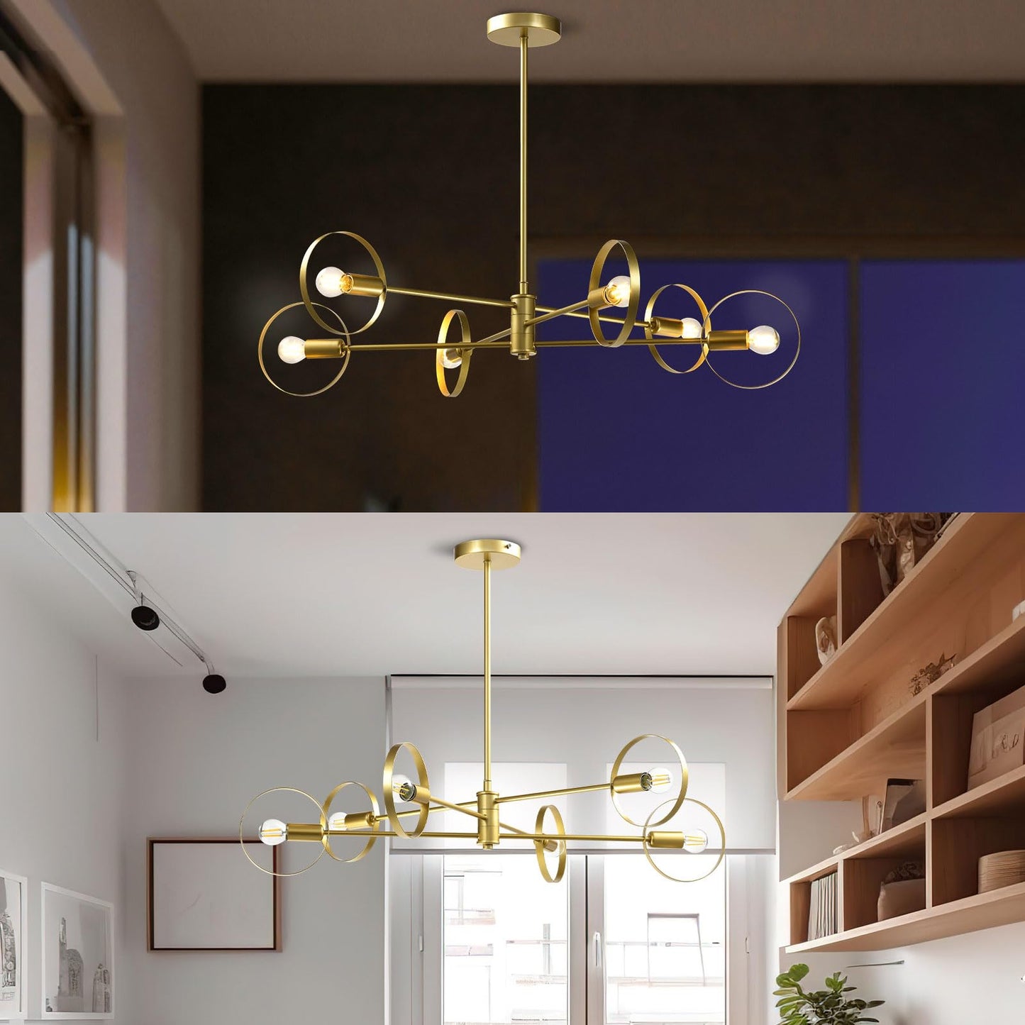 LQWELL® Chandelier 6-Light E14, Industrial Chandelier, Modern Pendant Light for Living Room Bedroom Dining Room Hallway Cafes Bar Studio, Metal Ceiling Lamp, Gold