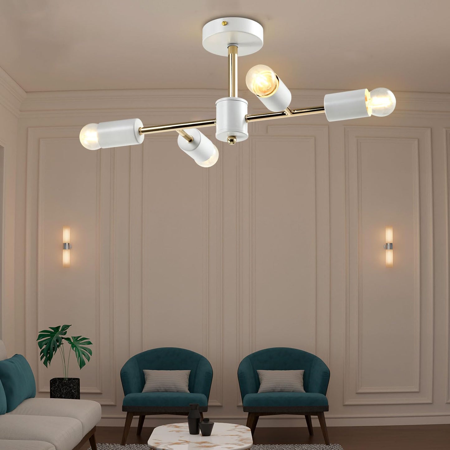 LQWELL® Chandelier Industrial Ceiling Light, Modern Chandelier E14 Kitchen Lamp Bedroom Lamp for Living Room Bedroom Kitchen, 4-Light, Gold White, No Bulb