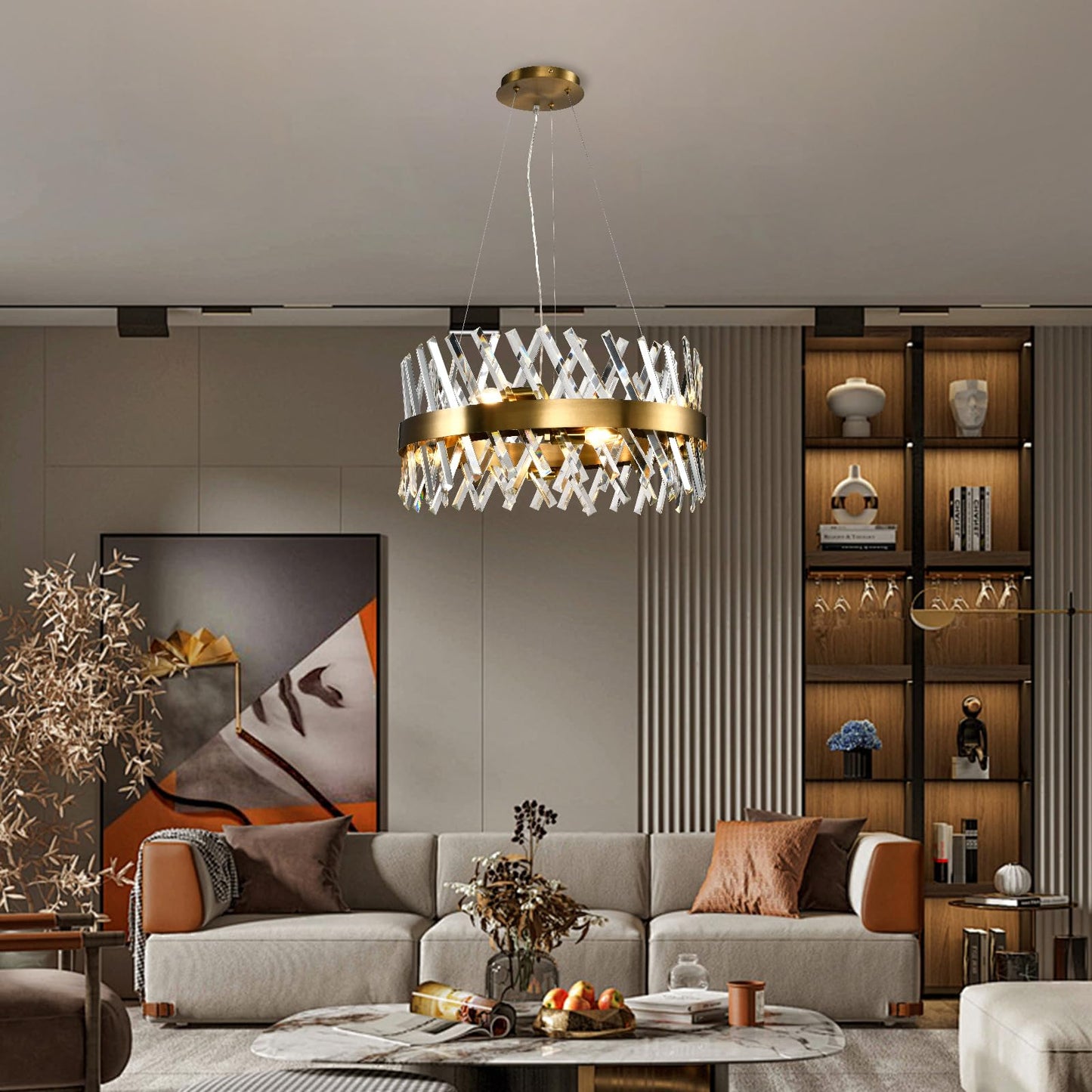 LQWELL® Kronleuchter 8-Licht E14, Industrie Chandelier, Modern Pendelleuchte Hängeleuchte für Wohnzimmer Schlafzimmer Esszimmer Gang Cafés Bar Studio, Kristall Deckenlampe, Champagner Gold