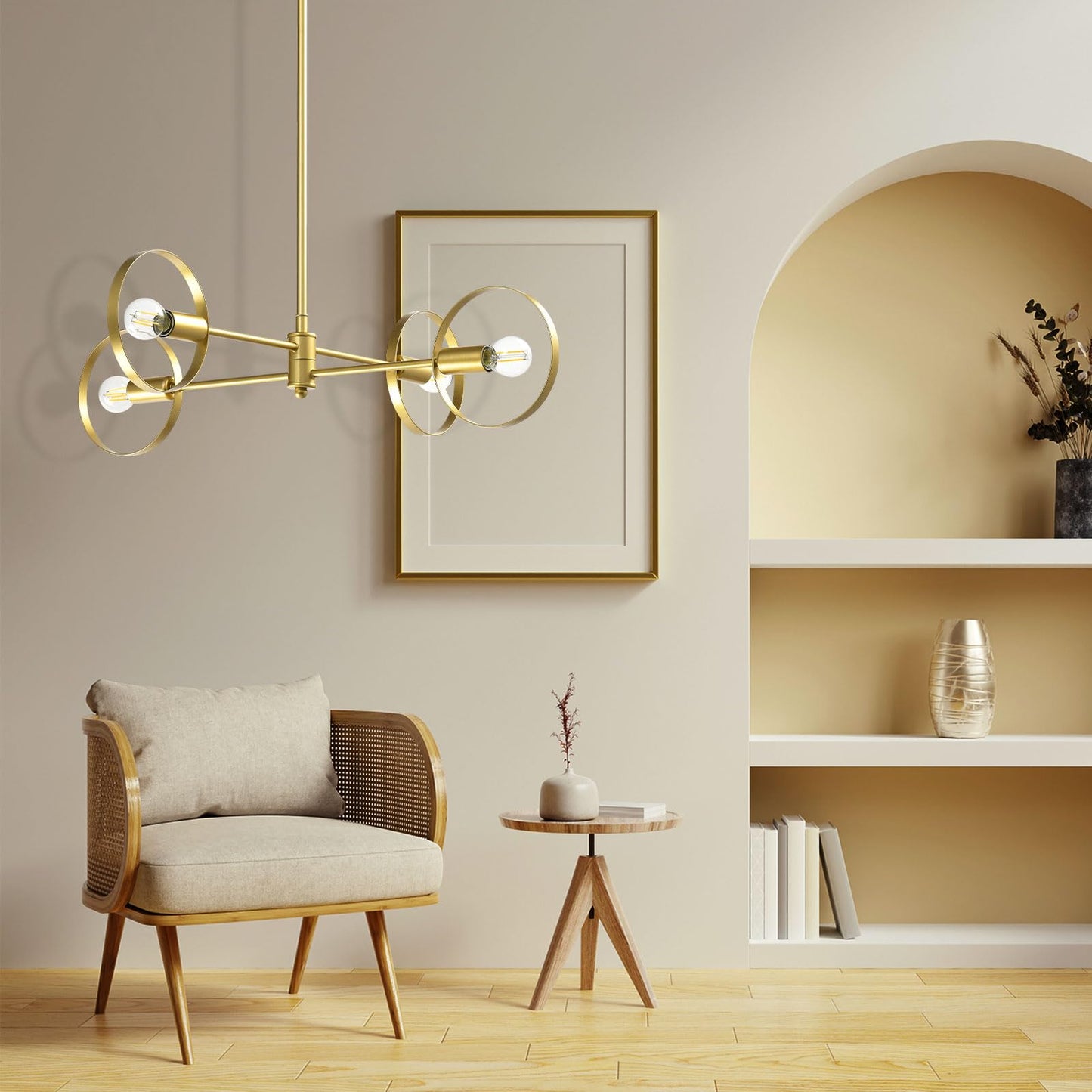 LQWELL® Chandelier 4-Light E14, Industrial Chandelier, Modern Pendant Light for Living Room Bedroom Dining Room Hallway Cafes Bar Studio, Metal Ceiling Lamp, Gold