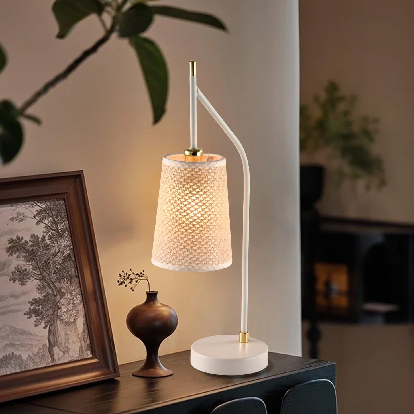 LQWELL® Retro Vintage Table Lamp E14, Bedside Lamp with Beige Fabric Shade in Black or White with Imitation Gold, Metal Desk Lamp for Bedroom and Living Room, Bulb Not Included